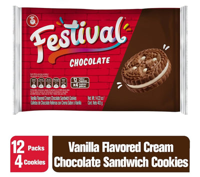 FESTIVAL Chocolate Cookies, Cream Chocolate Sandwich Cookies, Natural Dyes & Low Sodium, High Cream Content, 14.6 Oz (Pack of 3)