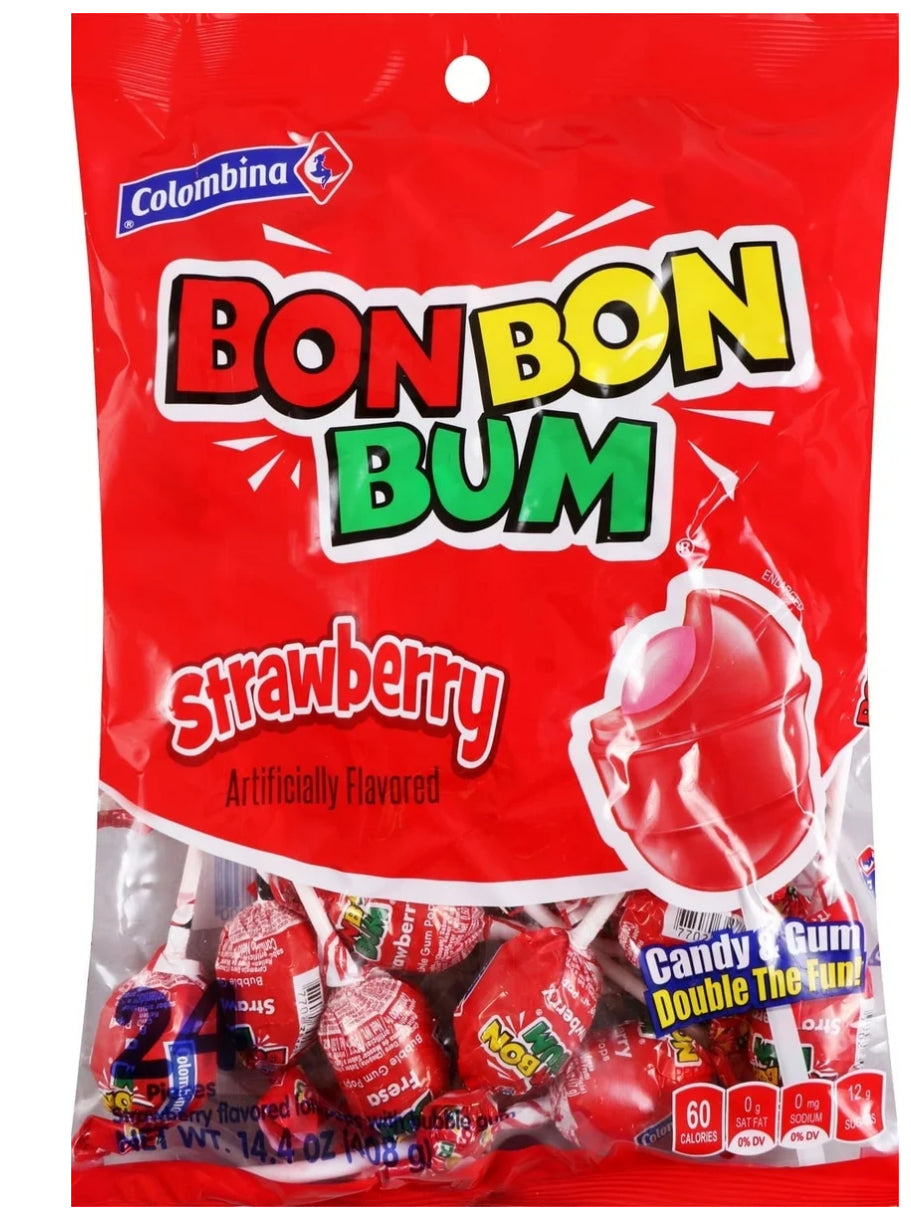 Colombina Bon Bon Bum Strawberry Bubble Gum Lollipops, 24 Count, 16.1 oz