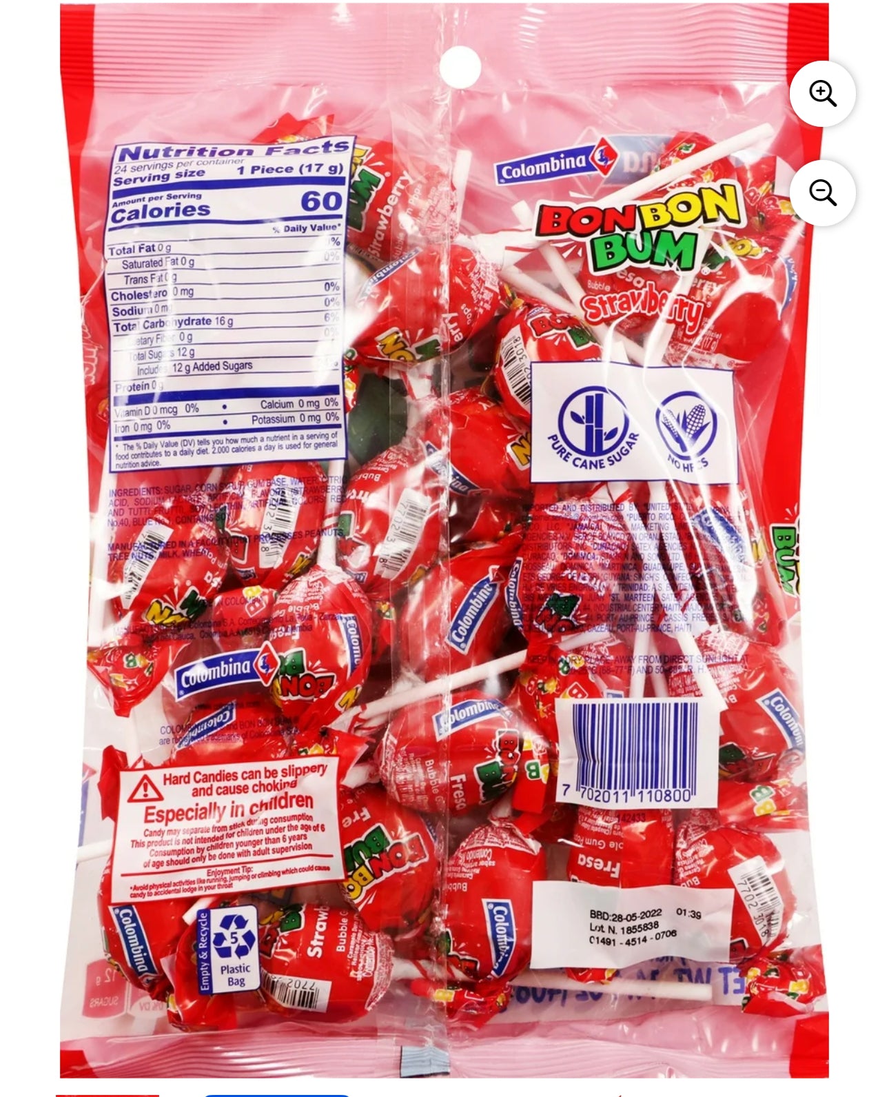 Colombina Bon Bon Bum Strawberry Bubble Gum Lollipops, 24 Count, 16.1 oz