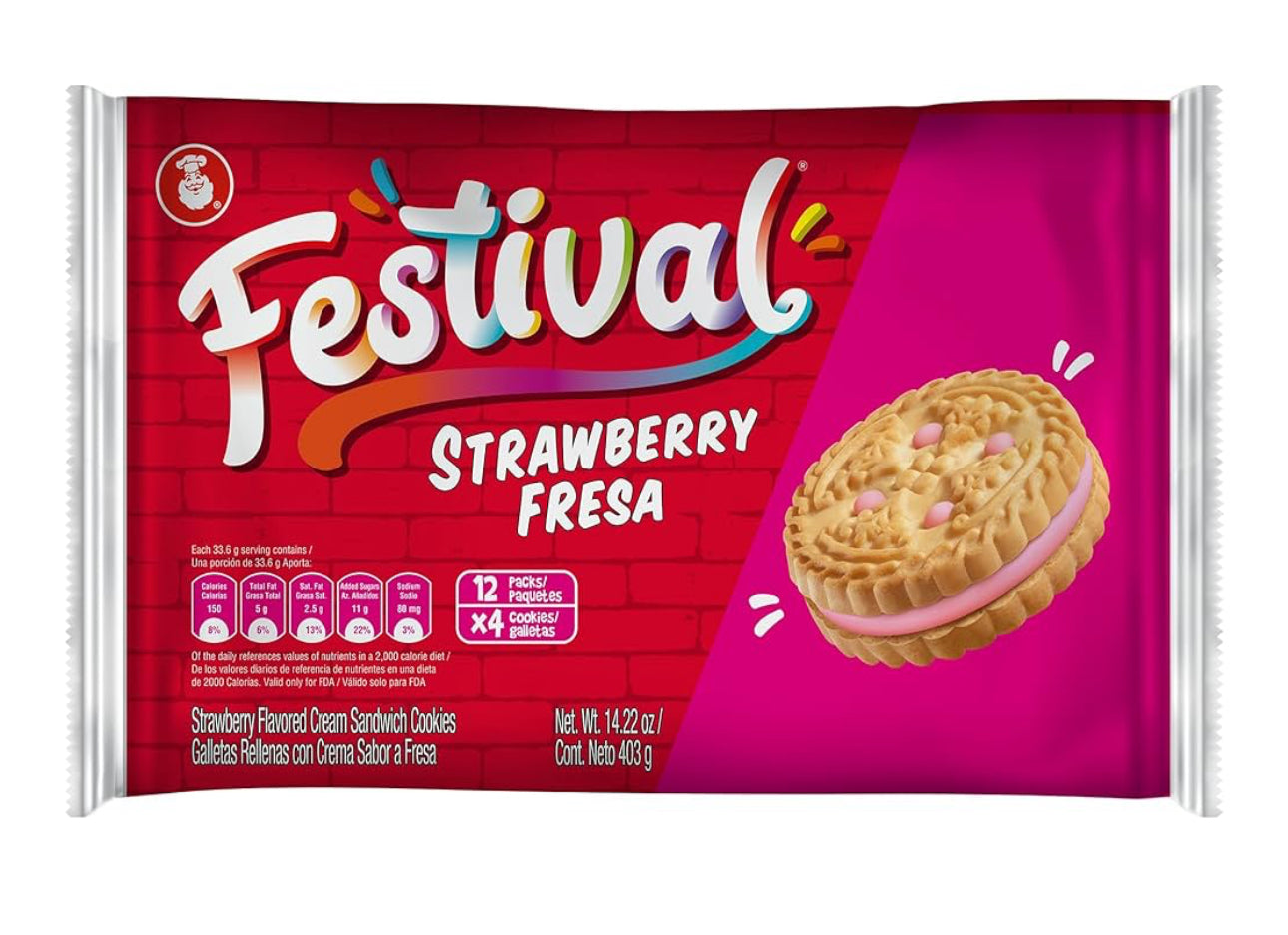 Festival Strawberry Cookies | Cream Strawberry Sandwich Cookies | Natural Dyes & Low Sodium | High Cream Content | 14.22 Oz (Pack of 1)