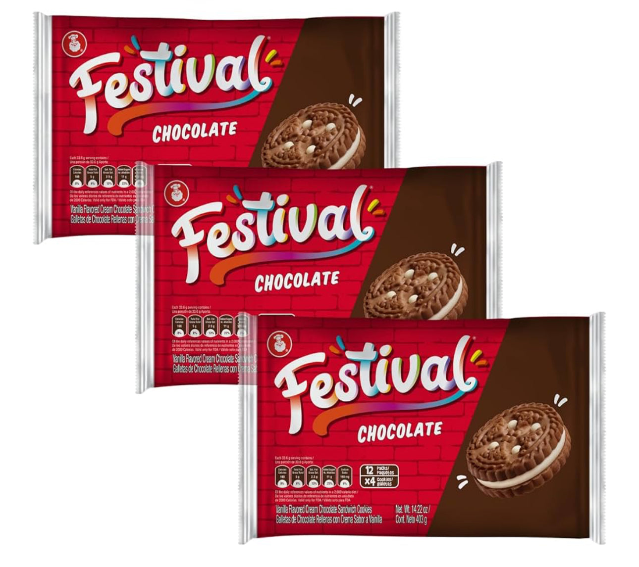 FESTIVAL Chocolate Cookies, Cream Chocolate Sandwich Cookies, Natural Dyes & Low Sodium, High Cream Content, 14.6 Oz (Pack of 3)