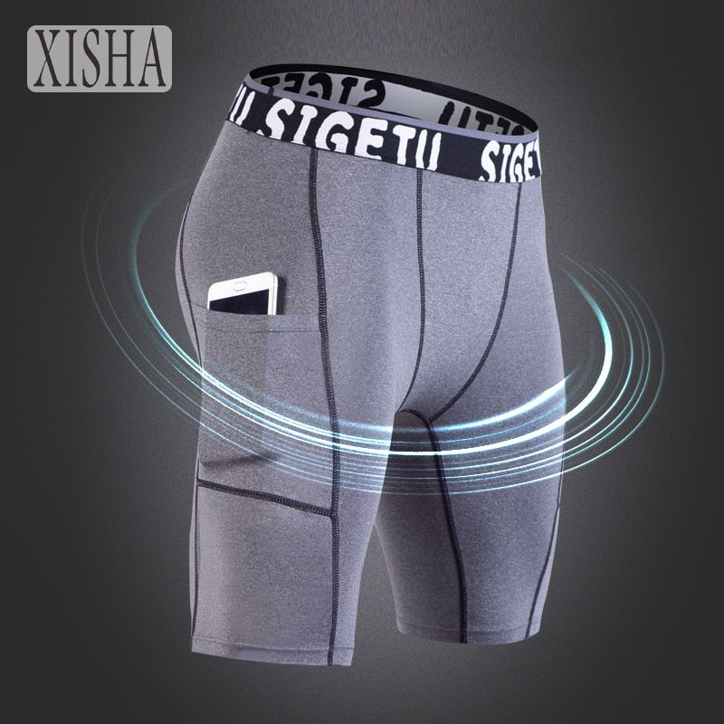 High Elastic GYM Shorts Men Dry Fit Running Shorts Football Phone Pocket Design Fitness Sport Shorts Workout Short Leggings